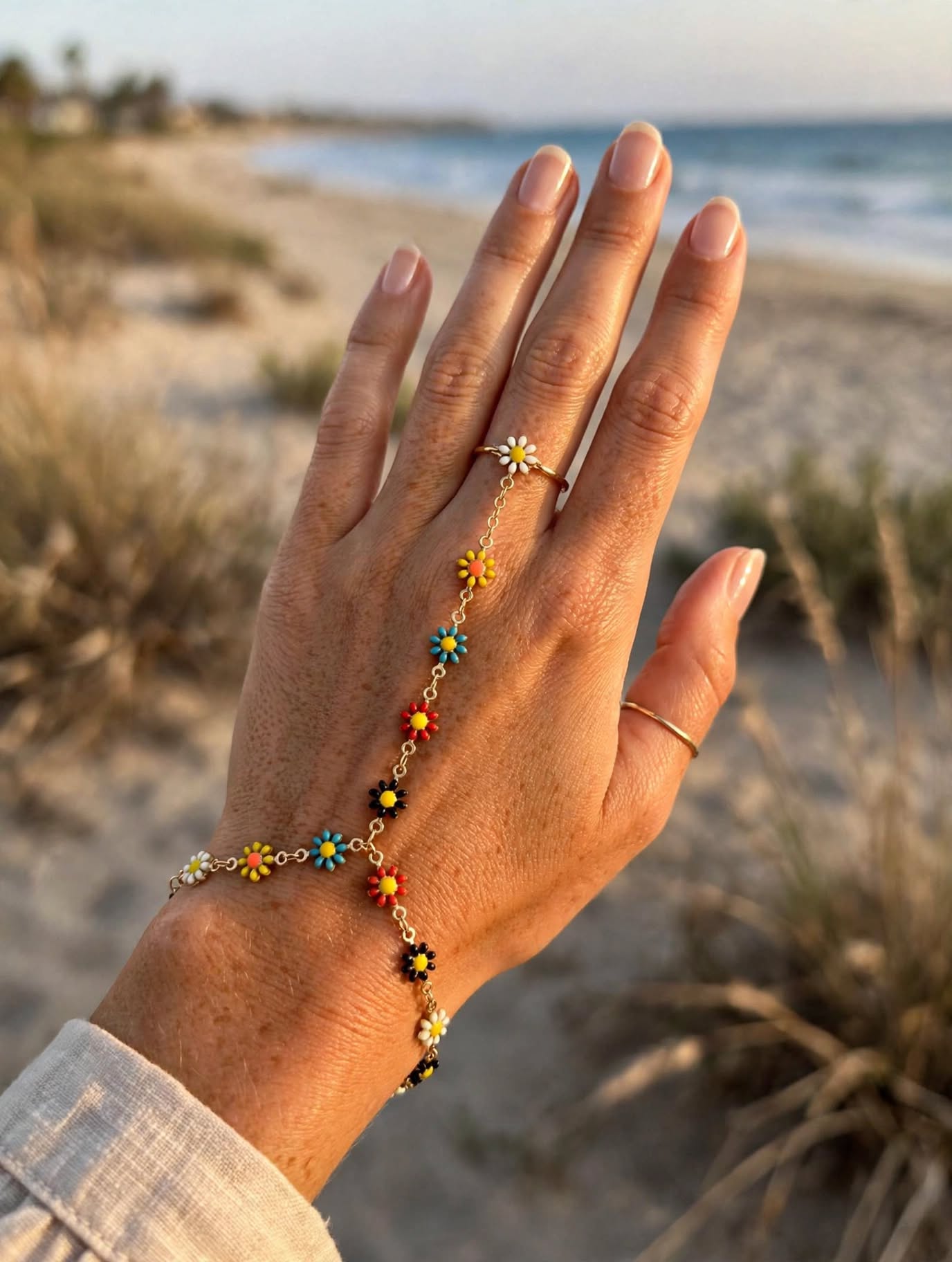 Bracciale Schiava con Anello - Fiorellini Colorati Boho | Daisy Hand Chain - Acciaio Gold
