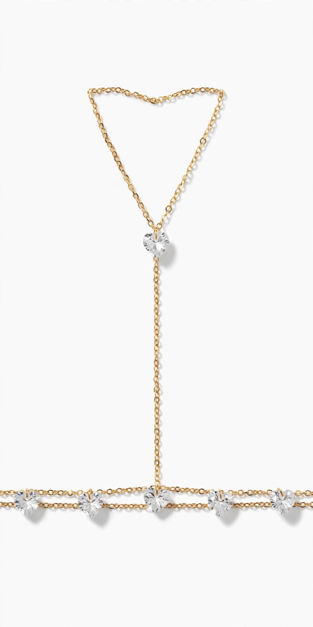 Bracciale Schiava Gold con Cristalli a Cuore - Hand Chain Anello a Catenina 1 Dito