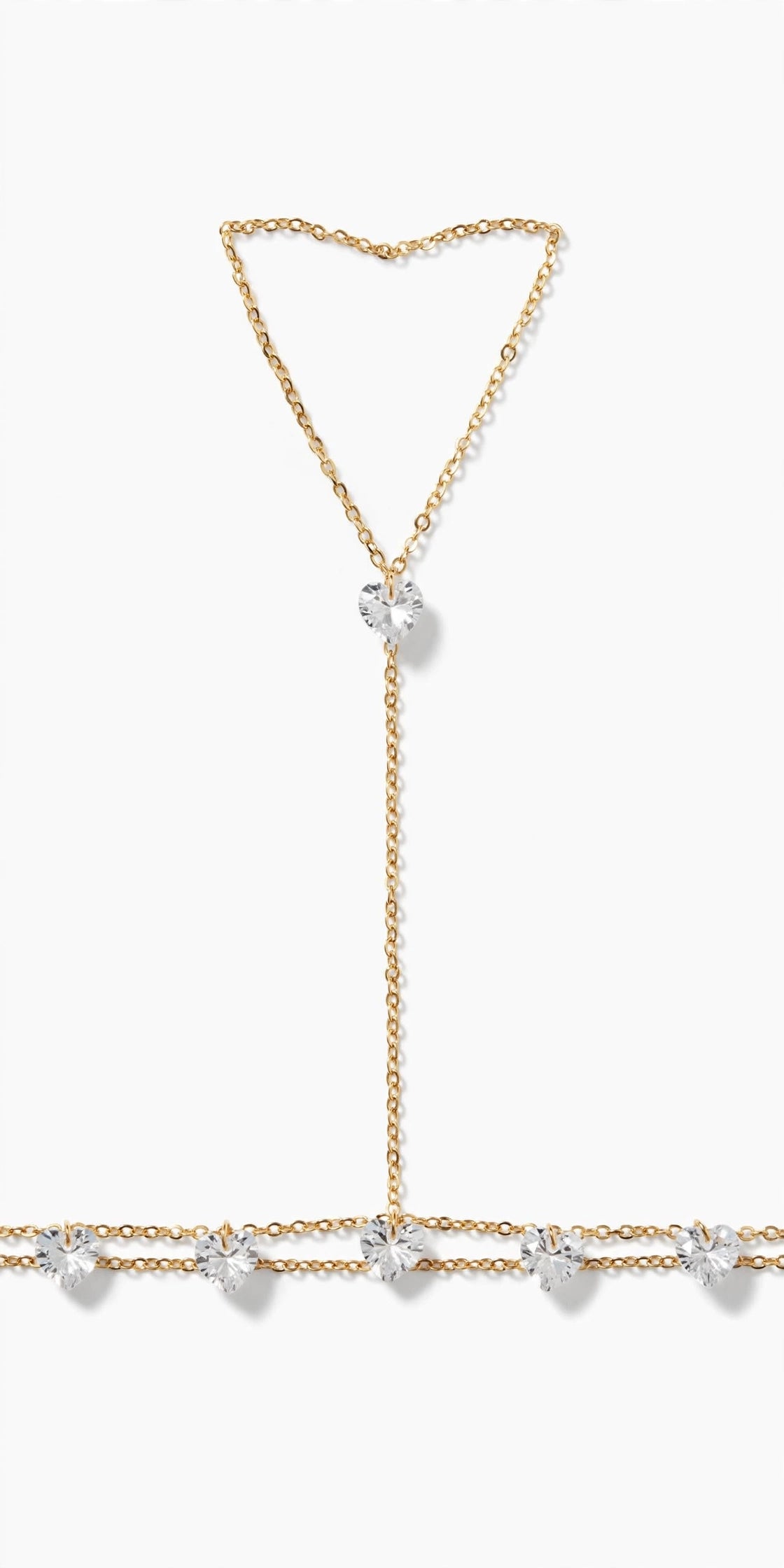 Bracciale Schiava Gold con Cristalli a Cuore - Hand Chain Anello a Catenina 1 Dito