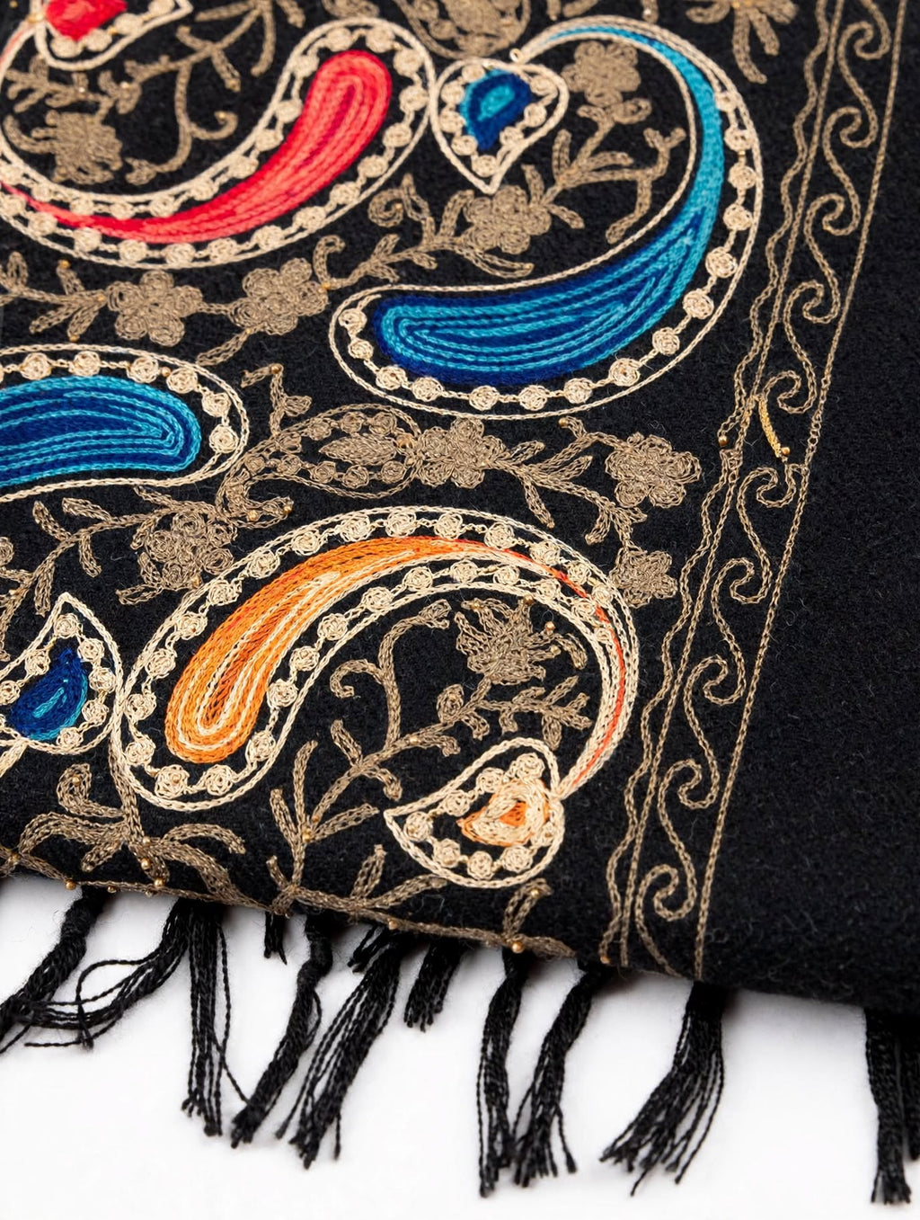 Scialle Nero Ricamato Paisley - Pashmina Artigianale con Frange | Eleganza Orientale