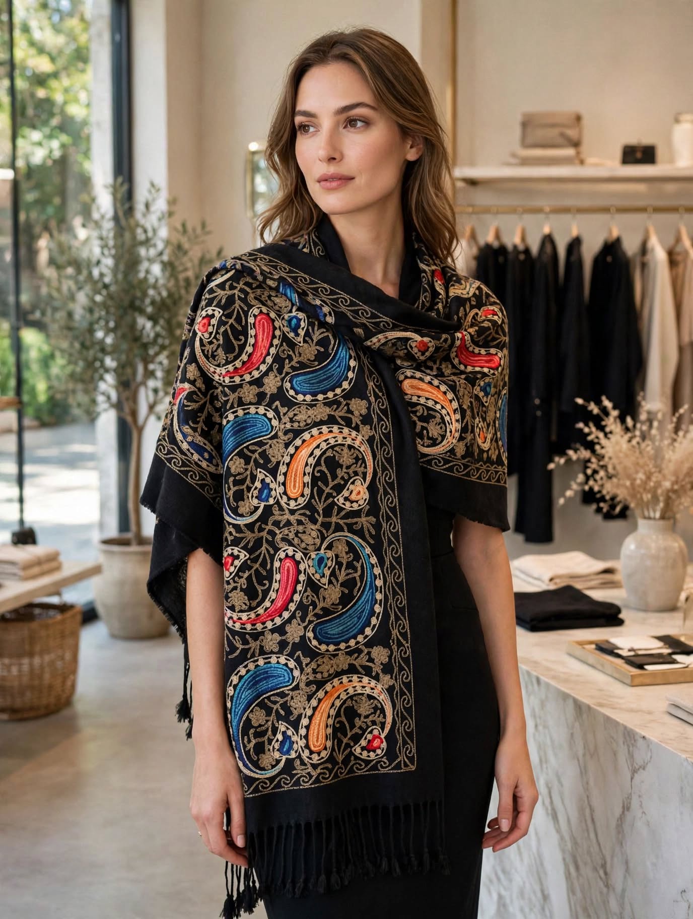 Scialle Nero Ricamato Paisley - Pashmina Artigianale con Frange | Eleganza Orientale