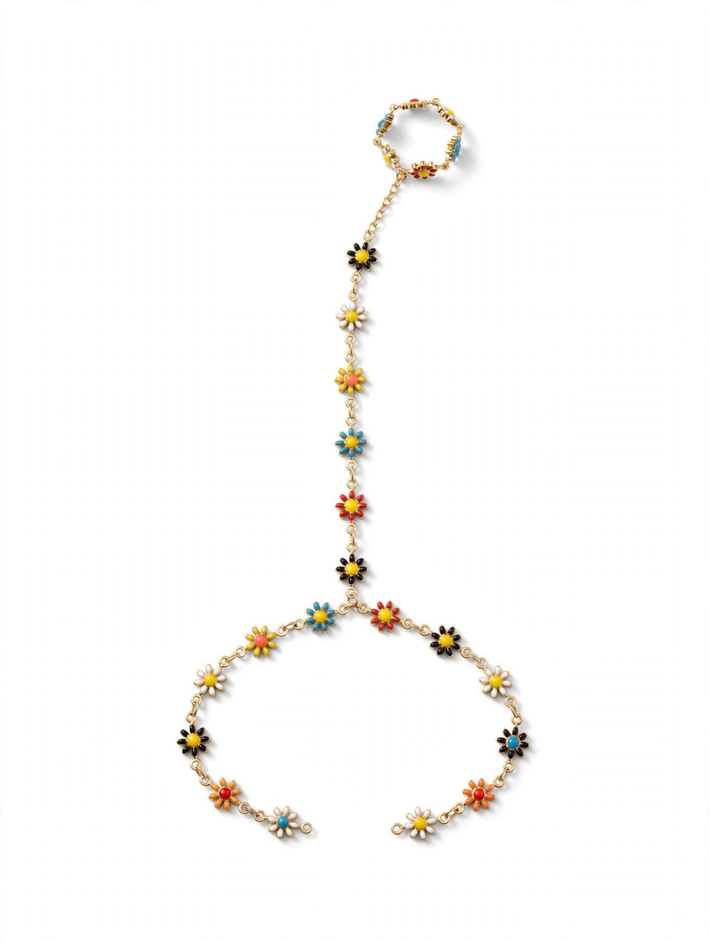 Bracciale Schiava con Anello - Fiorellini Colorati Boho | Daisy Hand Chain - Acciaio Gold
