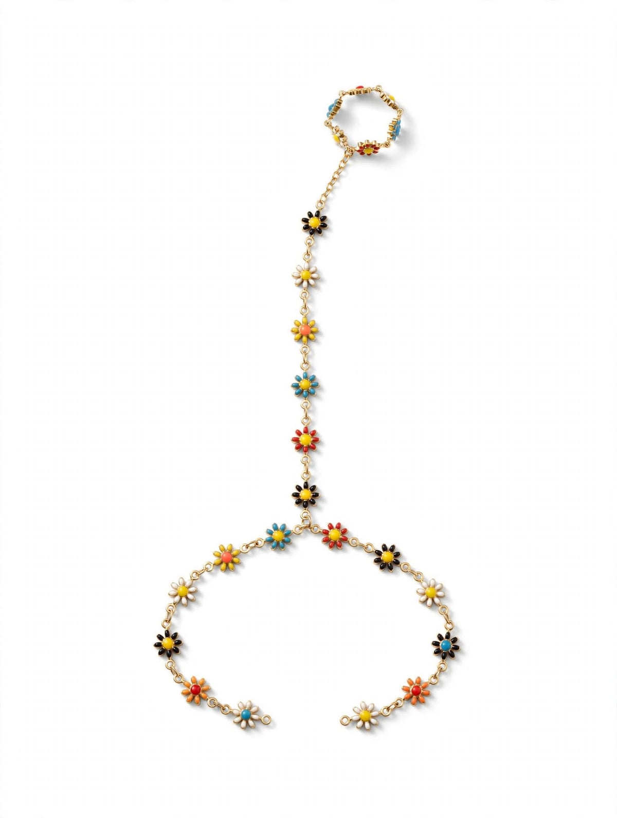 Bracciale Schiava con Anello - Fiorellini Colorati Boho | Daisy Hand Chain - Acciaio Gold
