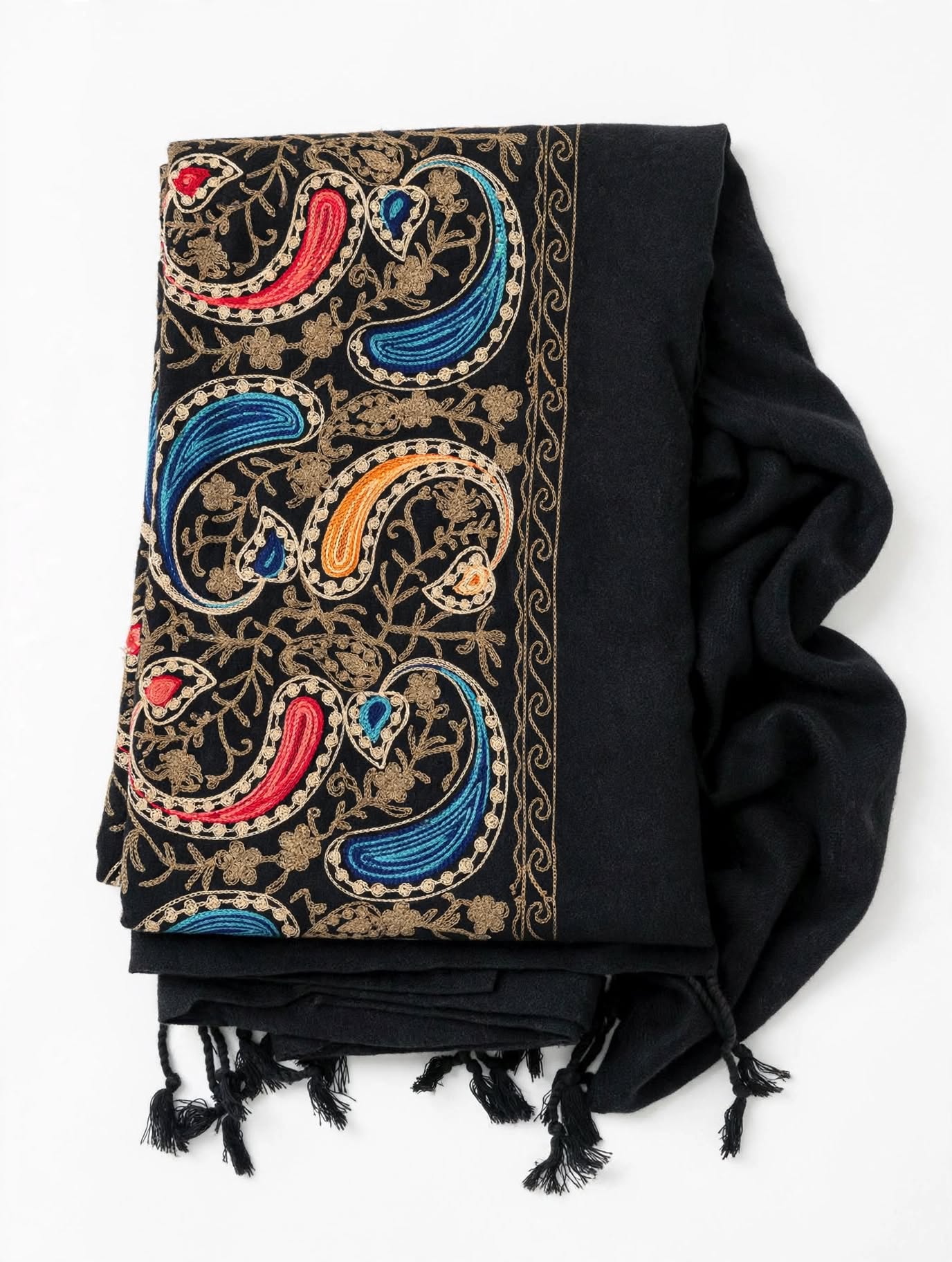 Scialle Nero Ricamato Paisley - Pashmina Artigianale con Frange | Eleganza Orientale