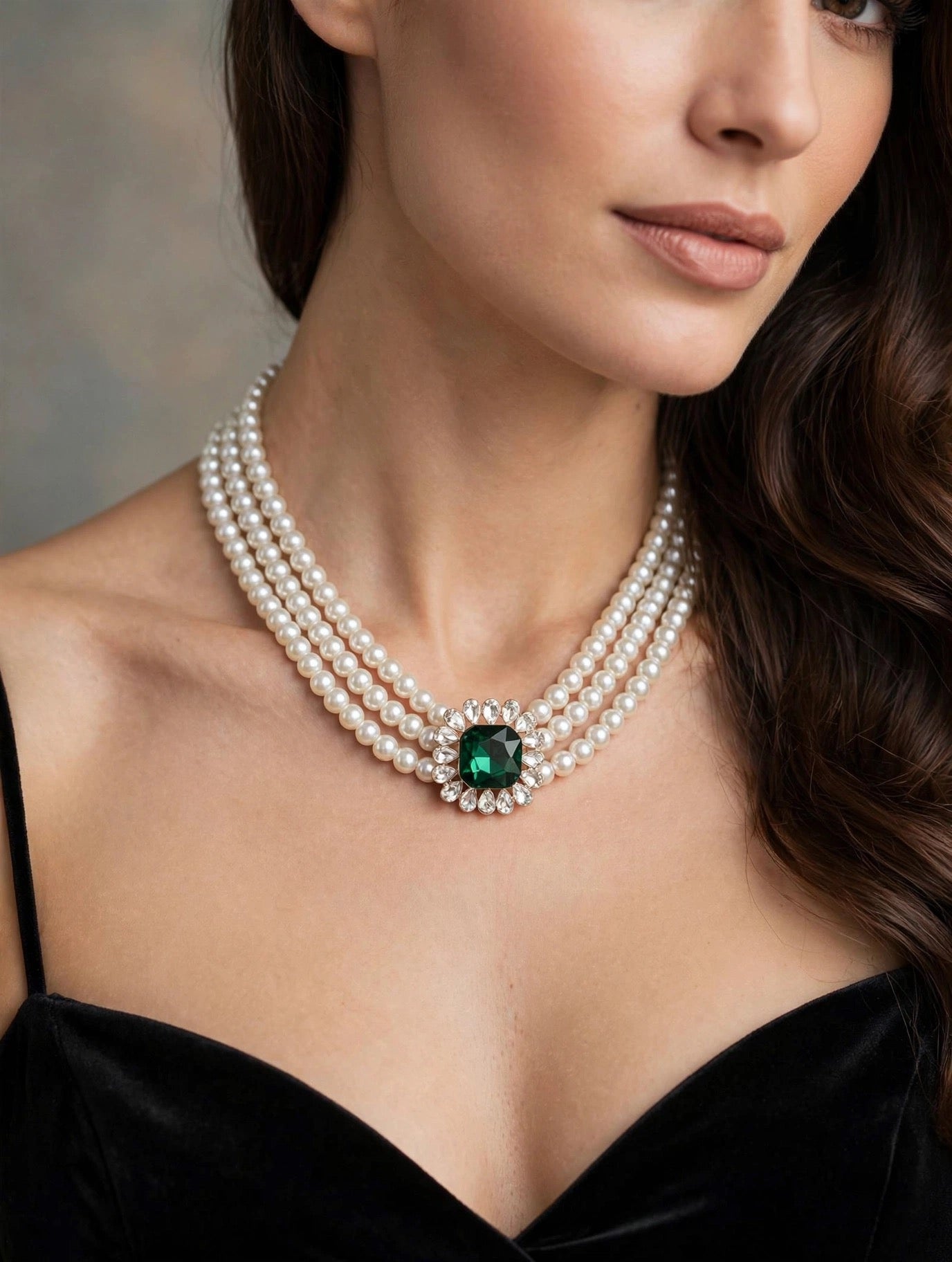 Collana Perle a 3 Fili con Pietra Smeraldo - Eleganza Vintage | Emerald Pearl Choker