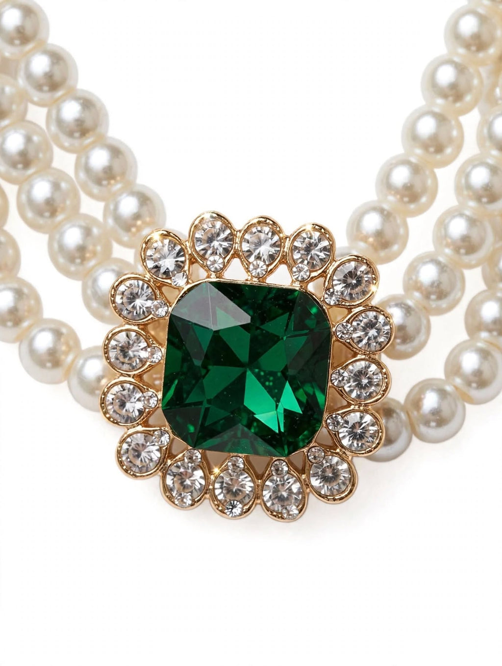 Collana Perle a 3 Fili con Pietra Smeraldo - Eleganza Vintage | Emerald Pearl Choker