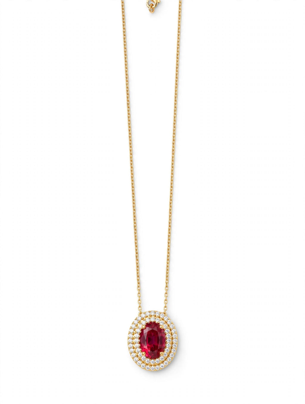 Collana Aura Rubino - Pendente Ovale Rosso con Doppio Halo di Zirconi Oro