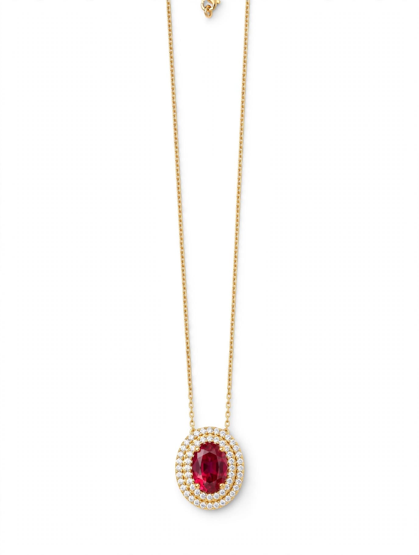 Collana Aura Rubino - Pendente Ovale Rosso con Doppio Halo di Zirconi Oro