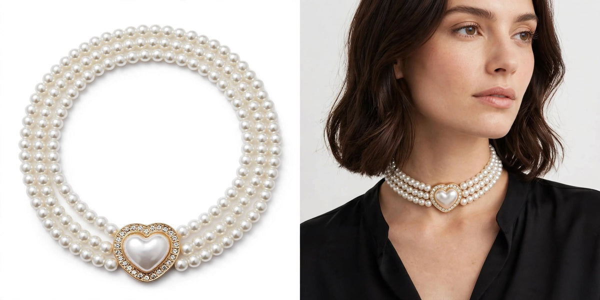 Collana Perle Amour - Choker Triplo Filo con Cuore Gioiello