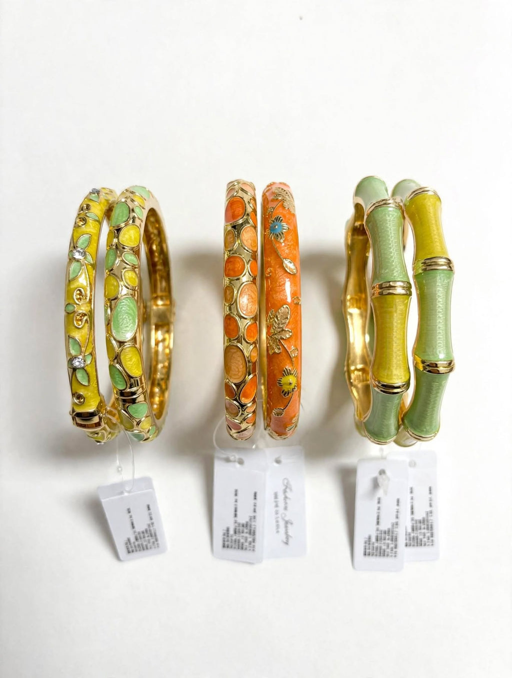 Set 2 Bracciali Bangle Smalto Arancio - Fiori Dorati e Cristallo Azzurro