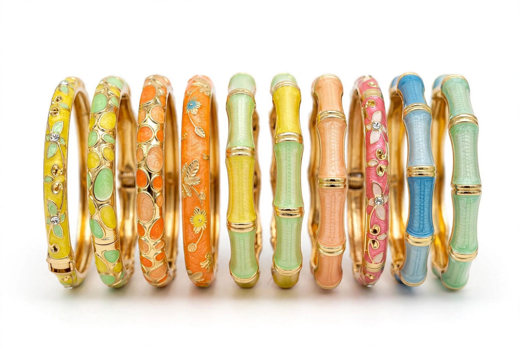 Set 2 Bracciali Bangle Smalto Arancio - Fiori Dorati e Cristallo Azzurro