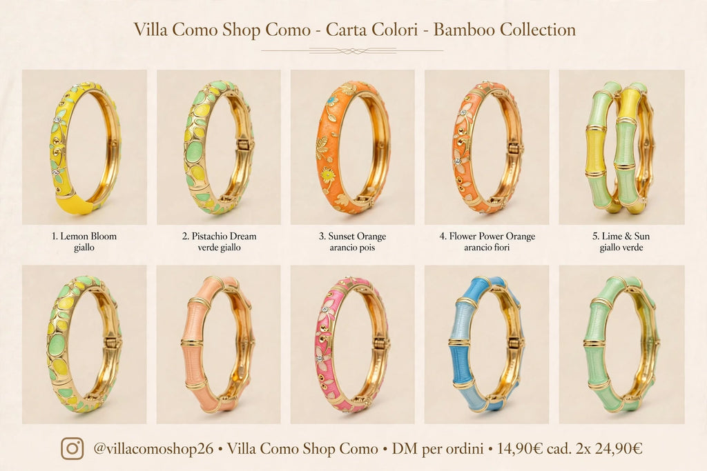 Set 2 Bracciali Bangle Smalto Arancio - Fiori Dorati e Cristallo Azzurro