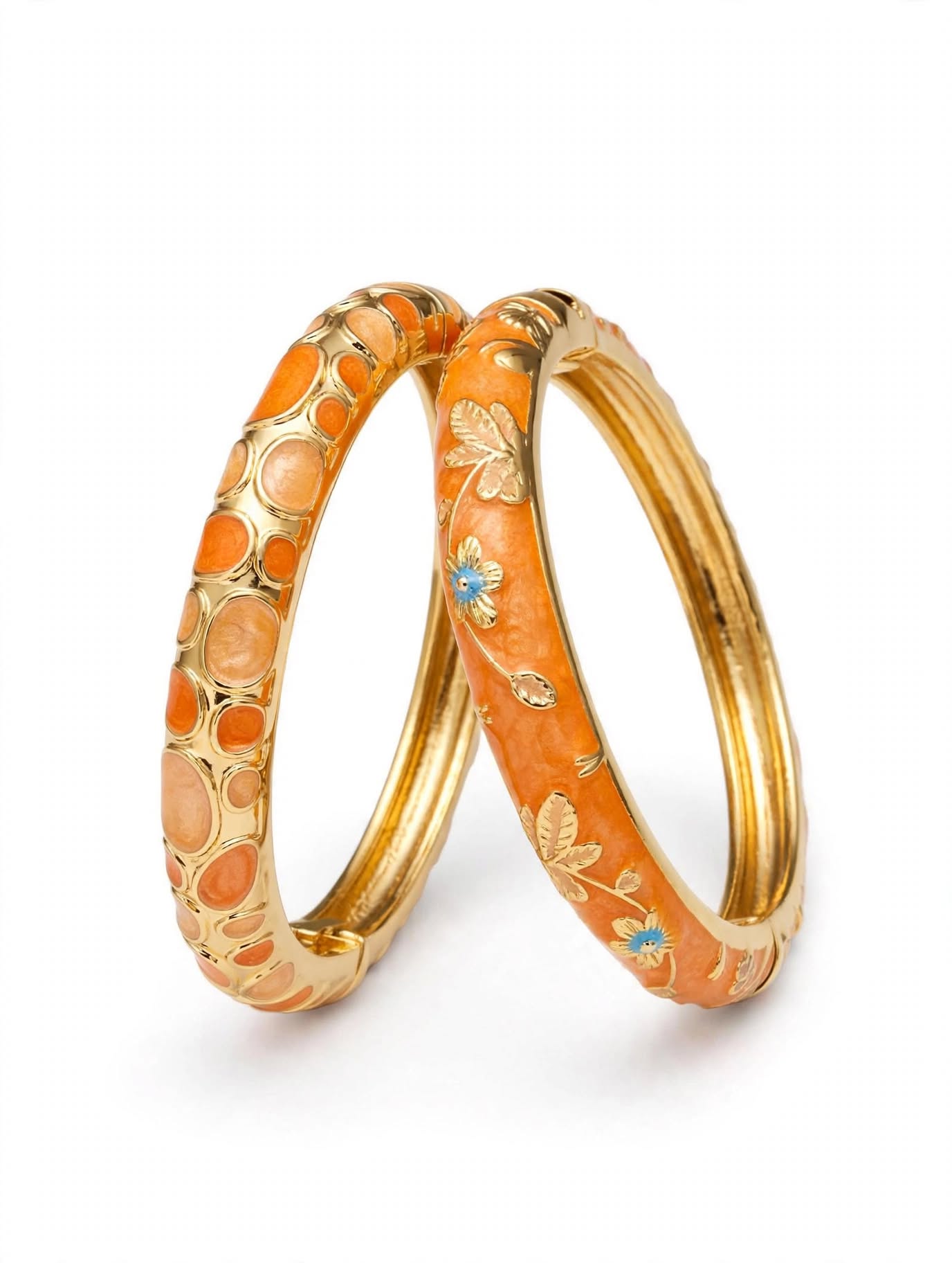 Set 2 Bracciali Bangle Smalto Arancio - Fiori Dorati e Cristallo Azzurro
